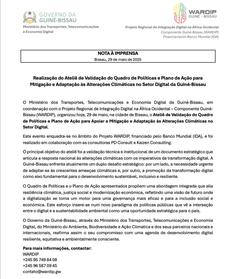 Realização do Ateliê de Validação do Quadro de Políticas e Plano de Ação para Mitigação e Adaptação às Alterações Climáticas no Setor Digital da Guiné-Bissau