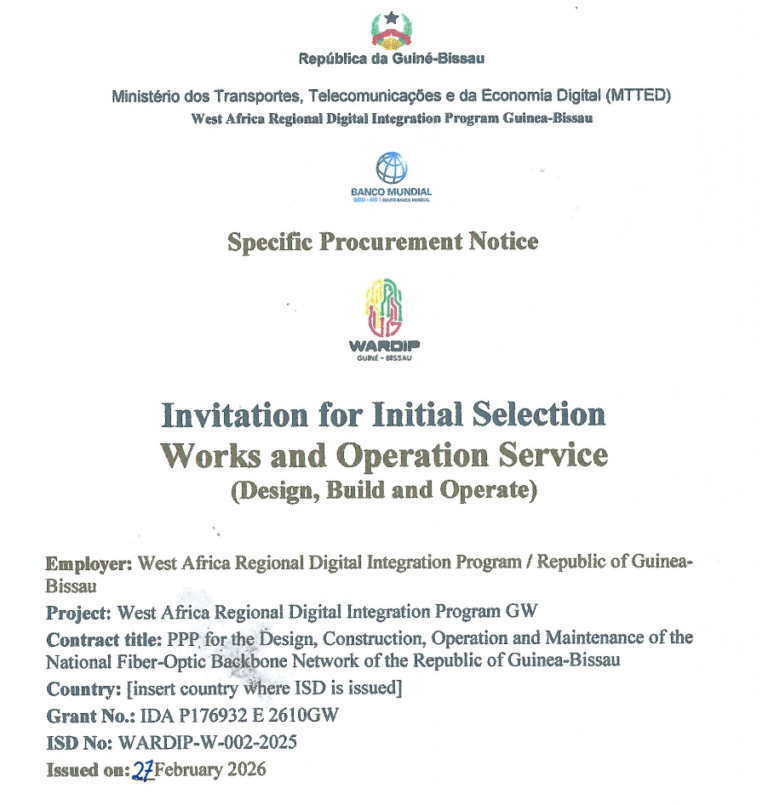 Guiné-Bissau lança concurso internacional para rede nacional de fibra óptica.